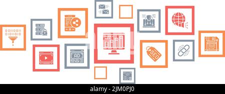 SEO icons infographic banner. Bookmark, Hosting, Hyperlink, Advertisement, Data Transfer illustration for web banner layout, mobile development design Stock Vector