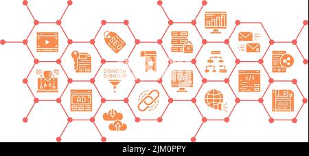 SEO icon banner concept. Bookmark, Hosting, Hyperlink, Advertisement, Data Transfer vector illustration for business web page banner, web presentation Stock Vector