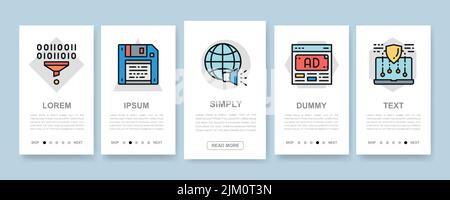 Set of SEO vertical banners. Bookmark, Hosting, Hyperlink, Advertisement, Data Transfer mobile app screens with color icons. Stock Vector