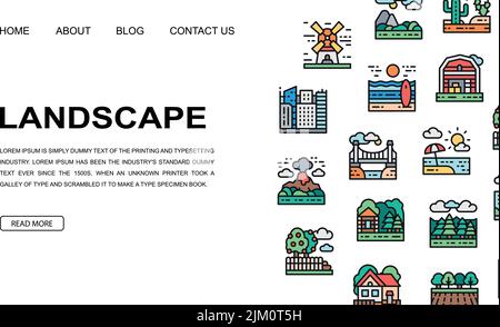 Landscape landing page design template. Bridge, Forest, Garden, Volcano, Windmill illustration for website design, business presentation. Stock Vector