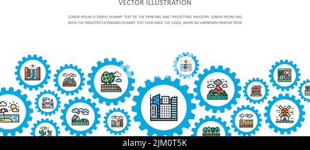 Landscape landing page with colored icons. Bridge, Forest, Garden, Volcano, Windmill business icon banner. Stock Vector