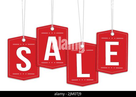 Sale tag on red hanging labels on white background, vector illustration Stock Vector
