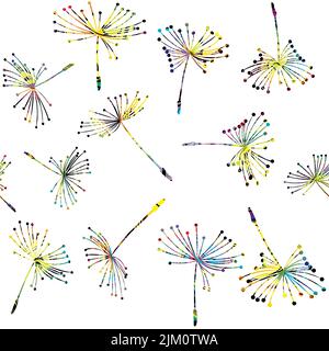 Abstract colored seeds of dandelion flying seamless pattern Stock Vector