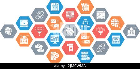 SEO web design banner and presentation. Bookmark, Hosting, Hyperlink, Advertisement, Data Transfer vector illustration. Stock Vector