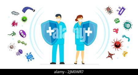 Health care and epidemiology banner concept. Doctor man and nurse woman with shields protect from viruses and germs. Infection prevention and protection. Medical workers on people immunity guard. Eps Stock Vector