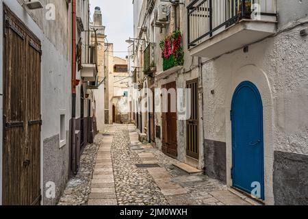 Characteristic alley with the cobbled stairway typical of the small seaside villages of Puglia. Peschici, Foggia province, Apulia, Italy, Europe Stock Photo