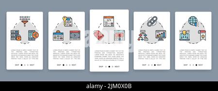 Set of SEO mobile app screens. Bookmark, Hosting, Hyperlink, Advertisement, Data vertical banners with colored line icons. Banner layout template. Stock Vector