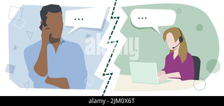 Customer Service. Two people talking on the phone. A man and a woman in different places having a call. The girl talks on a headset. Stock Vector