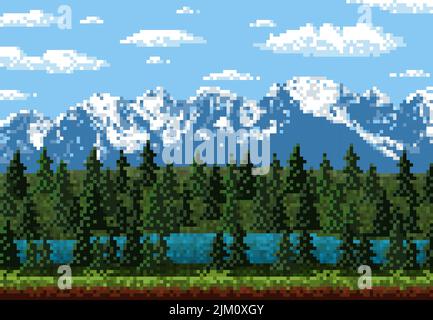 8 bit pixel mountain and forest game level landscape. Vector background of retro video and arcade game nature location with pixel art mountain hills, Stock Vector
