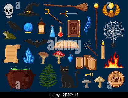 Witchcraft and Halloween 8 bit pixel art game characters. Vector witch hat, ghost skull and bat, magic book, broom, wands and crystal, black cat, poti Stock Vector