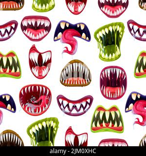 Scary monster mouths with teeth vector seamless pattern. Cartoon Halloween vampires, zombies and alien beasts with horror smiles, spooky background of Stock Vector