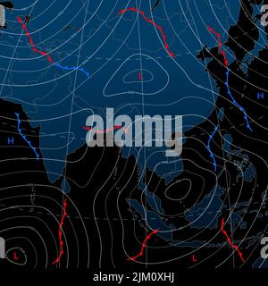 Forecast weather isobar night map of Asia, wind fronts and temperature vector diagram. Meteorology climate and weather forecast isobar of Asia contine Stock Vector