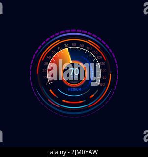 Futuristic car speedometer MPH gauge neon dial. Vehicle or motorcycle tachometer vector gauge or speed dashboard led indicator. Automobile odometer ne Stock Vector