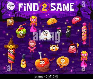 Find two same cartoon Halloween candy characters. Kids game worksheet with vector trick or treat sweet food, matching puzzle with cute pumpkin cake, c Stock Vector