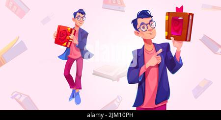 Writer presenting book, man holding paper volume with bookmark in hands pointing with index finger on cover. Author male character in trendy clothes presenting bestseller, Cartoon vector illustration Stock Vector