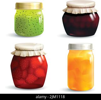 Natural fruit jam preserves jar set with realistic kiwi cherry strawberry and peach marmalade isolated vector illustration Stock Vector