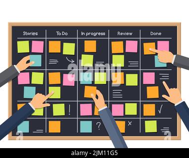 Scrum task board with businessman hands. Vector project sprint schedule, scrum or agile methodology board of business team work plan. Flat scrumboard Stock Vector