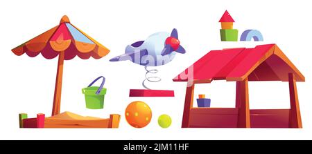 Kids swing, sandbox and toys for playground in park, kindergarten or backyard. Vector cartoon set of equipment for child play, sandpit with wooden roof, bucket, blocks, airplane on spring and balls Stock Vector