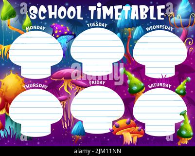 Magic mushrooms in fairy forest. Education timetable. Elementary school classes planner, kids lessons week calendar or children education timetable wi Stock Vector