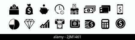 Simple icon set related to Money. A set of sixteen symbols. Stock Vector