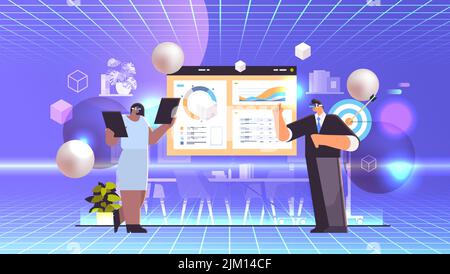 businesspeople in virtual reality glasses on graph financial statistics data analyzing vr vision headset innovation metaverse Stock Vector