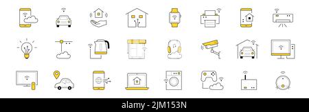Smart home doodle icons set. Smartphone with app, wi-fi connection, house in hand, smartwatch and printer. Conditioner, light bulb, teapot, window and headphones, car, alarm Isolated vector line signs Stock Vector