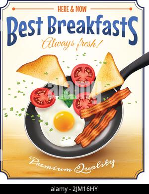Cafe restaurant best breakfast advertisement poster with traditional american fried egg bacon bread tomatoes retro vector illustration Stock Vector