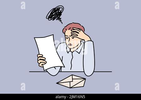 Unhappy man reading bad news in letter feel frustrated with massage. Upset guy distressed with notice or notification. Frustration and post mail. Vector illustration.  Stock Vector
