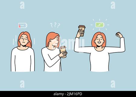 Woman before and after drinking coffee. Female get energy from hot espresso. Active life and caffeine refreshment. Vector illustration.  Stock Vector