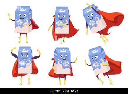 Cute milk cardboard box mascot vector set. Funny healthy dairy drink superhero wearing cloak with happy face expression isolated on white background. Stock Vector