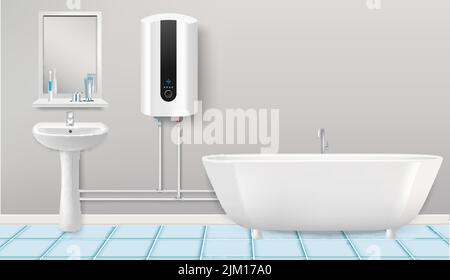 Bathroom with boiler water heater connected with washbasin and tub realistic vector. Empty bath room interior with tiled floor and home appliances hea Stock Vector