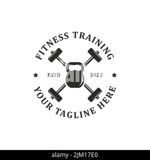 fitness training logo design badge vector with kettle bell and lighting vector illustration , best for fitness gym training center logo brand template Stock Vector
