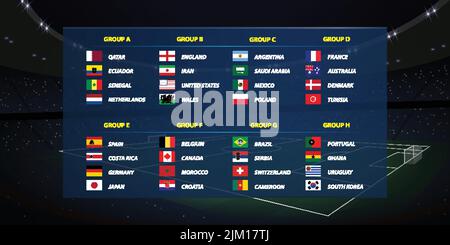World tournament all groups. Soccer tournament broadcast graphic template. All flags Stock Vector