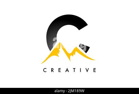 C Letter Mountain Icon Logo Design. Letter C with Mountain Peaks and Black Yellow Shape Vector Illustration. Stock Vector