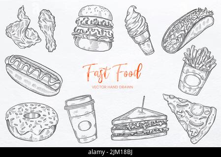 Fast Food set collection with hand drawn sketch vector illustration Stock Photo