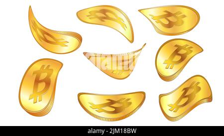 Set of curved golden bitcoin coins isolated on white. Twisted and flowing BTC coins. Vector design elements. Stock Vector