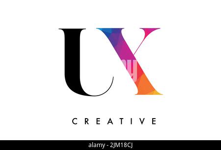 UX Letter Design with Creative Cut and Colorful Rainbow Texture. UX Letter Icon Vector Logo with Serif Font and Minimalist Style. Stock Vector