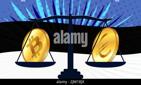 Gold coin of Bitcoin BTC and Euro EUR on scales and colored flag of Estonia on background. Central Bank of Estonia adopts laws on digital assets CBDC. Stock Vector