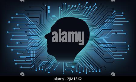 Silhouette of human head in profile in center of circuit board tracks on blue background. Human digitalization. Vector illustration. Stock Vector