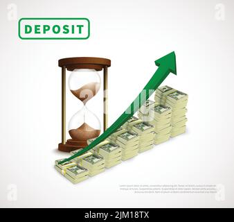 Money prosperity realistic business template with dollar banknotes stacks rising arrow and hourglass isolated vector illustration Stock Vector