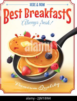 Premium quality restaurant breakfasts vintage style advertisement poster with frying pan pancakes berries and butter vector illustration Stock Vector