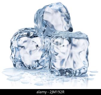 Three melting ice cubes in water puddle. File contains clipping paths. Stock Photo