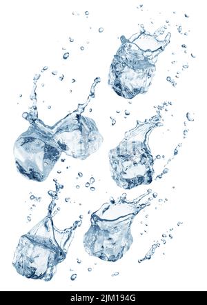 Ice cubes falling and splashing around water drops. File contains clipping paths. Stock Photo