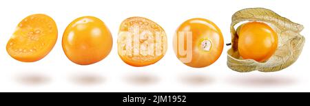 Collection of ripe physalis or golden berry fruits on white background. File contains clipping paths. Stock Photo