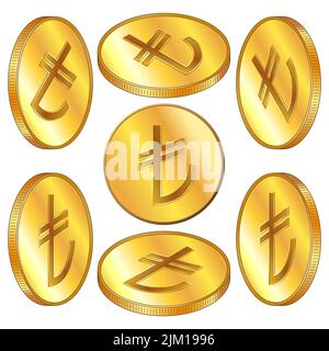 Set of golden coin Turkish lira TRY isometric view isolated on white. Vector design element. Stock Vector