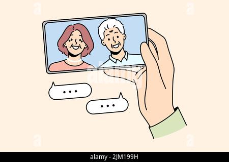 Hand holding cellphone talking with mature parents online on video call. Person have webcam conversation with senior grandparents on smartphone. Vector illustration.  Stock Vector