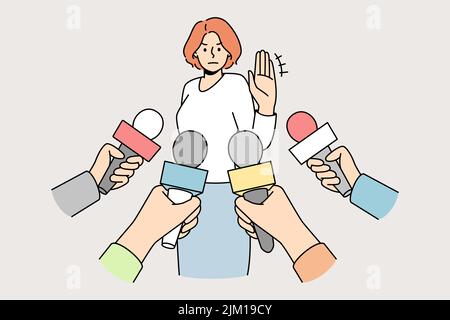 Woman make no comment gesture at interview with reporters. Determined female show stop hand sign refuse talk with journalists. Vector illustration.  Stock Vector