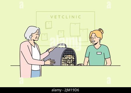 Old woman bring pet to vet clinic. Mature female take cat in cage to veterinary hospital. Domestic animals care. Vector illustration.  Stock Vector