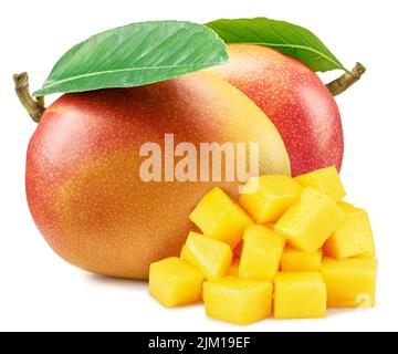 Mango fruits with green leaf and mango cubes isolated on white background. Stock Photo