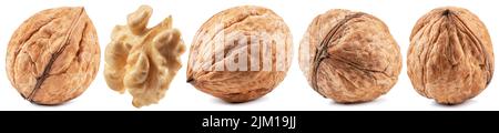 Set of whole walnuts, walnut kernel and isolated on white background. Stock Photo